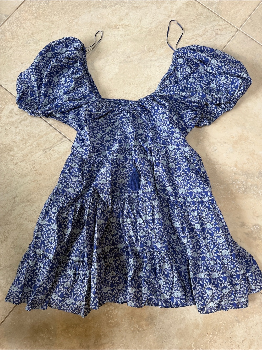 Girls Blue Floral Puff-Sleeve Summer Dress